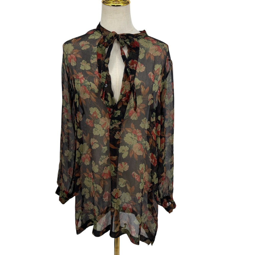 Polo Ralph Lauren Blouse Womens 6 Black Floral Tie Neck Sheer Chiffon Tunic Top